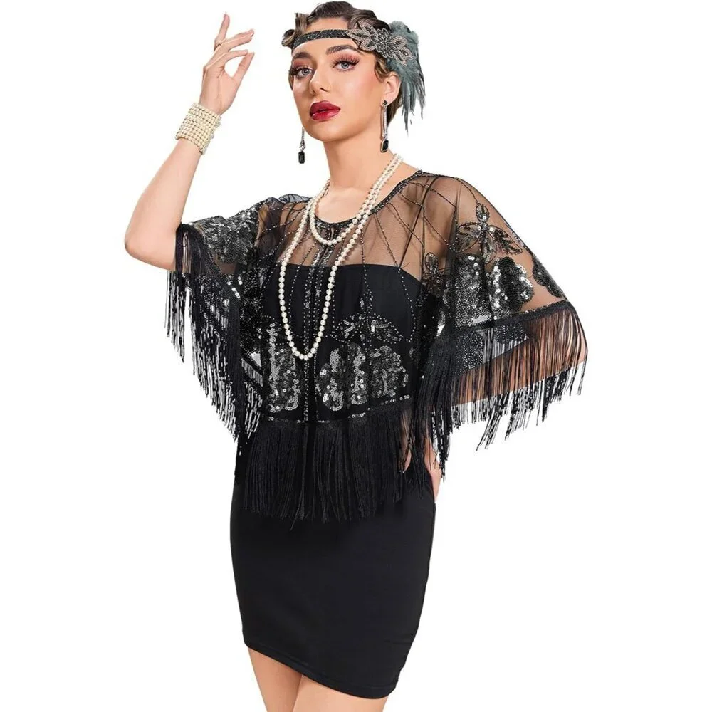 Women's Sequin Beaded 1920s Flapper Shawl Wrap for Evening Party Wedding